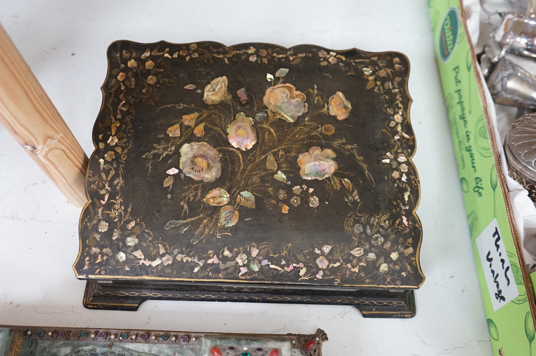 A Victorian papier maché mother of pearl inlaid writing slope and a 19th century French marble desk stand, 36cm wide